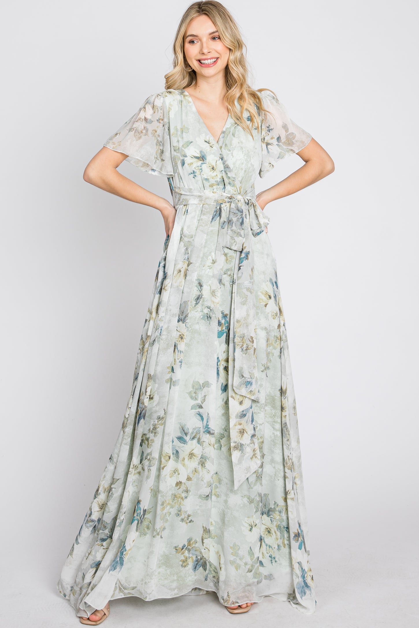 Light Olive Floral Chiffon Wrap Front Short Sleeve Maternity Maxi Dres ...