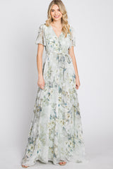 Light Olive Floral Chiffon Wrap Front Short Sleeve Maxi Dress