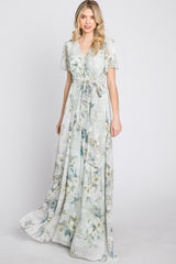 Light Olive Floral Chiffon Wrap Front Short Sleeve Maxi Dress