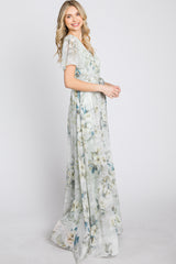 Light Olive Floral Chiffon Wrap Front Short Sleeve Maxi Dress