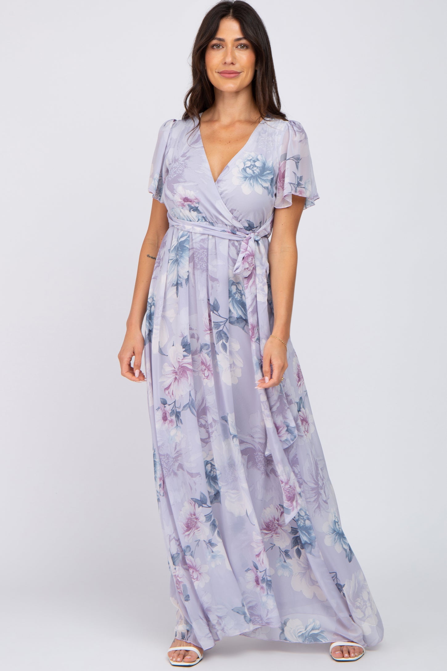 Lavender Floral Chiffon Wrap Front Short Sleeve Maternity Maxi Dress ...