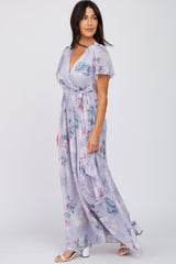 Lavender Floral Chiffon Wrap Front Short Sleeve Maxi Dress