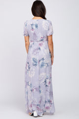 Lavender Floral Chiffon Wrap Front Short Sleeve Maxi Dress