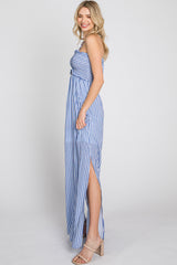 Blue Striped Cutout Front Halter Neck Maxi Dress