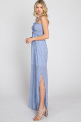 Blue Striped Cutout Front Halter Neck Maxi Dress