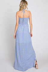 Blue Striped Cutout Front Halter Neck Maxi Dress