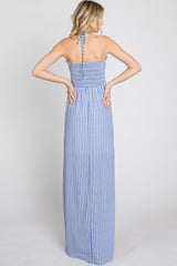 Blue Striped Cutout Front Halter Neck Maxi Dress