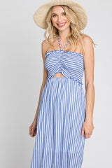 Blue Striped Cutout Front Halter Neck Maxi Dress