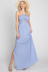 Blue Striped Cutout Front Halter Neck Maxi Dress