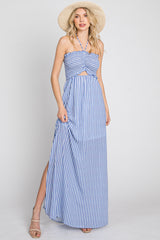 Blue Striped Cutout Front Halter Neck Maxi Dress