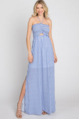 Blue Striped Cutout Front Halter Neck Maxi Dress