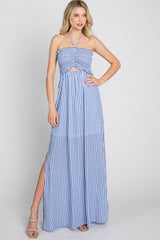 Blue Striped Cutout Front Halter Neck Maxi Dress