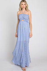 Blue Striped Cutout Front Halter Neck Maxi Dress