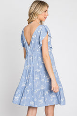 Light Blue Floral Flutter Sleeve Tiered Dress