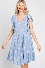 Light Blue Floral Flutter Sleeve Tiered Dress