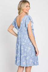 Light Blue Floral Flutter Sleeve Tiered Dress