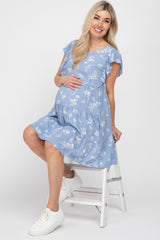 Light Blue Floral Flutter Sleeve Tiered Maternity Dress