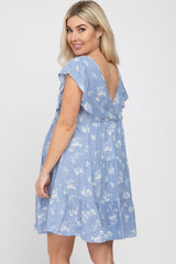 Light Blue Floral Flutter Sleeve Tiered Maternity Dress