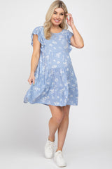 Light Blue Floral Flutter Sleeve Tiered Maternity Dress