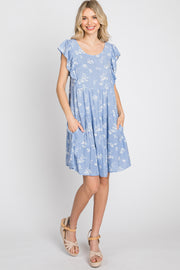 Light Blue Floral Flutter Sleeve Tiered Dress