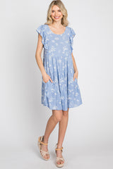 Light Blue Floral Flutter Sleeve Tiered Maternity Dress