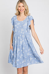 Light Blue Floral Flutter Sleeve Tiered Dress