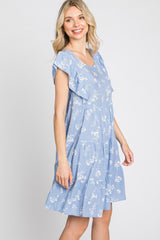 Light Blue Floral Flutter Sleeve Tiered Dress