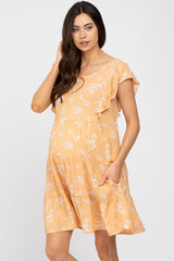 Peach Floral Flutter Sleeve Tiered Maternity Dress