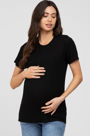 Black Ribbed Short Sleeve Maternity Top