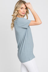 Blue Ribbed Short Sleeve Top