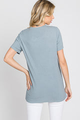 Blue Ribbed Short Sleeve Top