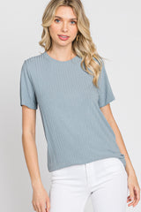 Blue Ribbed Short Sleeve Top