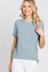 Blue Ribbed Short Sleeve Top