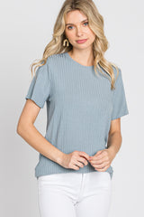 Blue Ribbed Short Sleeve Top