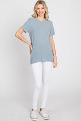 Blue Ribbed Short Sleeve Top