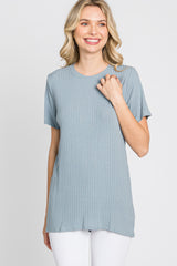 Blue Ribbed Short Sleeve Top