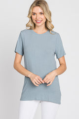 Blue Ribbed Short Sleeve Top