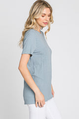 Blue Ribbed Short Sleeve Top