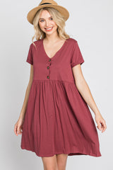 Burgundy Button Front Basic Dress