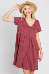 Burgundy Button Front Basic Dress