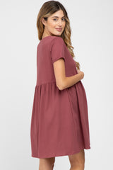 Burgundy Button Front Basic Maternity Dress