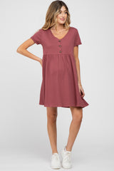 Burgundy Button Front Basic Maternity Dress