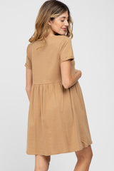 Camel Button Front Basic Maternity Dress