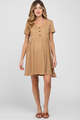 Camel Button Front Basic Maternity Dress