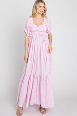 Pink Ditsy Floral Smocked Puff Sleeve Maxi Dress