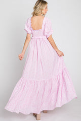 Pink Ditsy Floral Smocked Puff Sleeve Maxi Dress