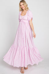 Pink Ditsy Floral Smocked Puff Sleeve Maxi Dress