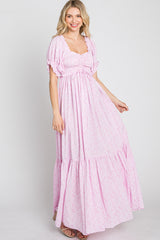 Pink Ditsy Floral Smocked Puff Sleeve Maxi Dress