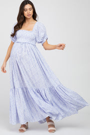 Blue Ditsy Floral Smocked Puff Sleeve Maternity Maxi Dress