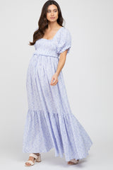 Blue Ditsy Floral Smocked Puff Sleeve Maternity Maxi Dress